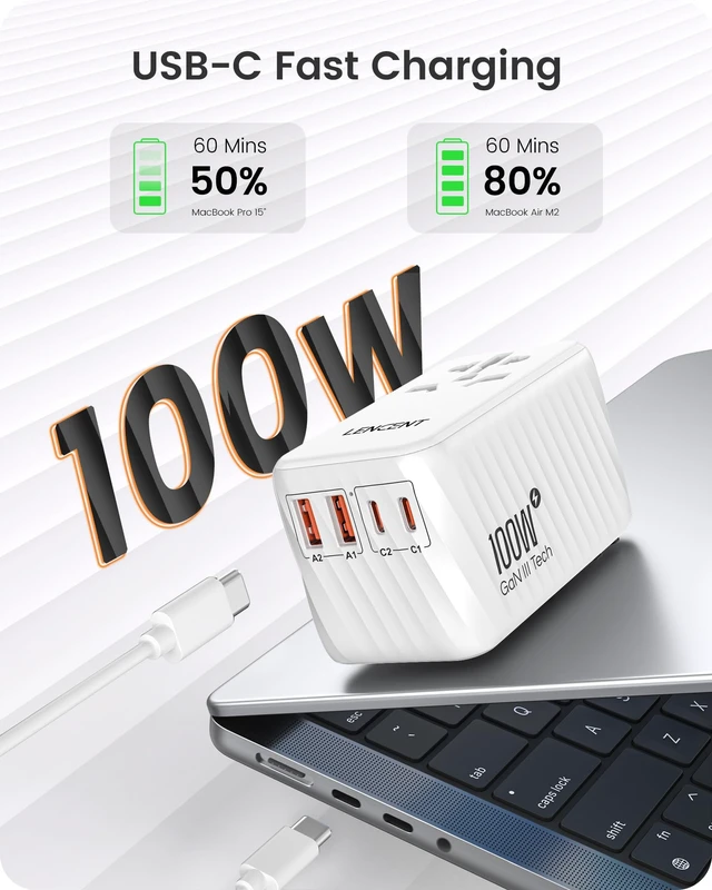 Alt view image 2 of 7 - Universal Travel Adapter, 100W GaN International Fast Charger with 2 PD3.0 Type C+2 USB A, Worldwide Power Adaptor for Phones,Laptops, All in One Travel Essentials for EU/USA/UK/AU, White