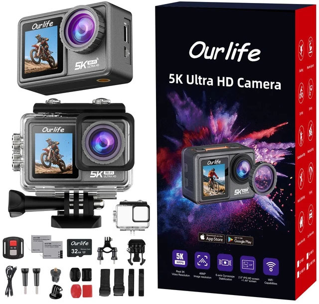 Main image of 5K/30fps Action Camera 30M Waterproof Underwater Camera Vlogging Camera with a 1/2.3 Sensor, 170° Wide FOV Video,Stunning Low-Light Imaging EIS Remote Control(2*Battery,32GB)
