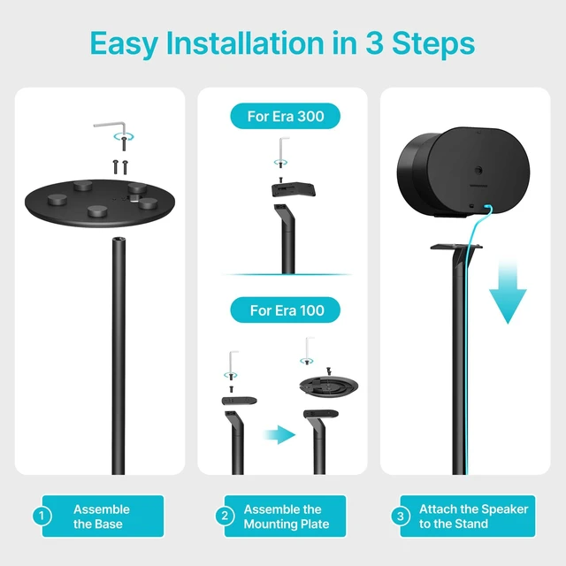 Alt view image 7 of 7 - Speaker Stand Pair, Only Compatible with Sonos Era 100 and 300, Black 22 LBS Capacity, 28.1" Fixed Height, Metal Base, Bookshelf Speaker Stands for Sonos Era Speakers, 1 Pair, Black