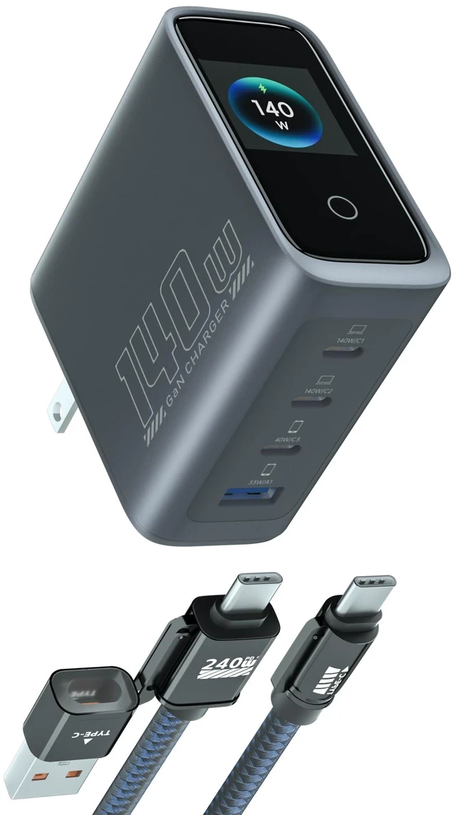 Main image of 140W GaN USB C Charger Block with Smart Display,PD3.1 Fast Laptop Charger 4-Port,Foldable Plug,Touch Controls for MacBook Pro/Air, iPad, iPhone 17/16/15, USB-C Charging Cable Included