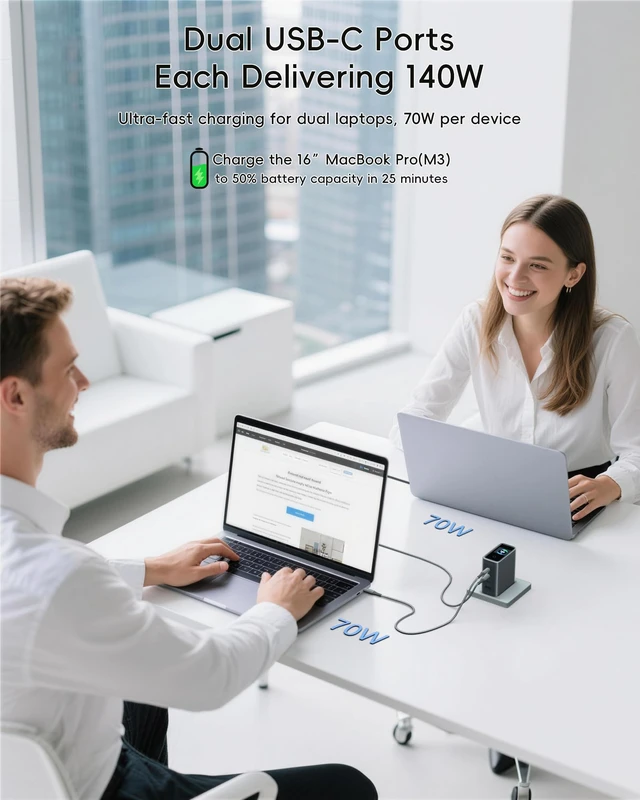Alt view image 3 of 7 - 140W GaN USB C Charger Block with Smart Display,PD3.1 Fast Laptop Charger 4-Port,Foldable Plug,Touch Controls for MacBook Pro/Air, iPad, iPhone 17/16/15, USB-C Charging Cable Included
