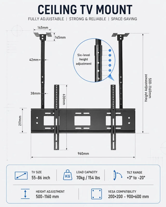 Alt view image 2 of 7 - Ceiling tv Mount for 55-86 inch Flat Screen Displays, Height Adjustable,Tilt Ceiling Mount TV Bracket, Hanging tv Mount Holds up to 154lbs, Max VESA 900x600mm (Single Screen)