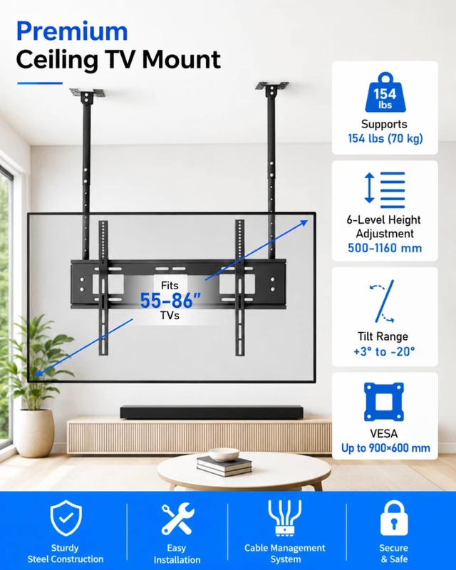 Alt view image 3 of 7 - Ceiling tv Mount for 55-86 inch Flat Screen Displays, Height Adjustable,Tilt Ceiling Mount TV Bracket, Hanging tv Mount Holds up to 154lbs, Max VESA 900x600mm (Single Screen)