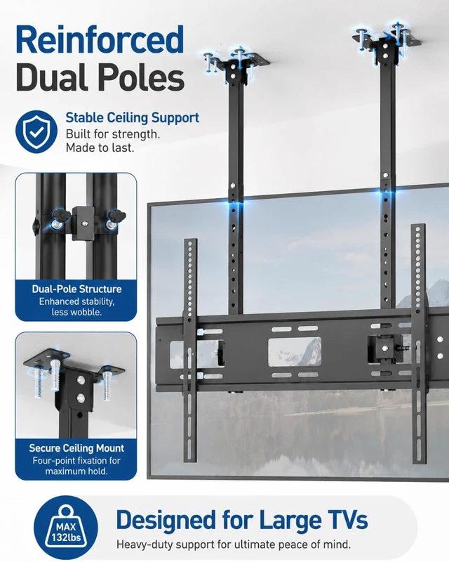 Alt view image 5 of 7 - Ceiling tv Mount for 55-86 inch Flat Screen Displays, Height Adjustable,Tilt Ceiling Mount TV Bracket, Hanging tv Mount Holds up to 154lbs, Max VESA 900x600mm (Single Screen)