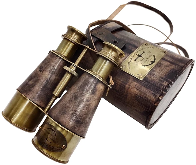 Main image of Brass Antique Binoculars, Grey, Brown Leather Strap 15x magnification, 7 in extended tube, 4.5 in diameter, 500g, compact & portable, birdwatching, nautical collectible