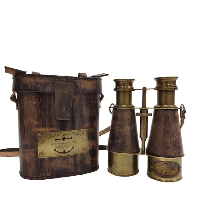 Alt view image 2 of 6 - Brass Antique Binoculars, Grey, Brown Leather Strap 15x magnification, 7 in extended tube, 4.5 in diameter, 500g, compact & portable, birdwatching, nautical collectible