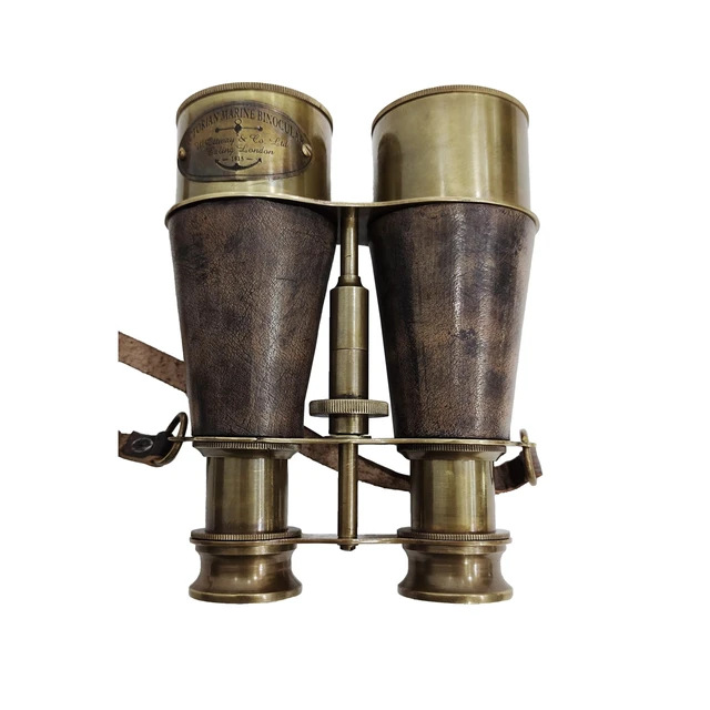 Alt view image 3 of 6 - Brass Antique Binoculars, Grey, Brown Leather Strap 15x magnification, 7 in extended tube, 4.5 in diameter, 500g, compact & portable, birdwatching, nautical collectible