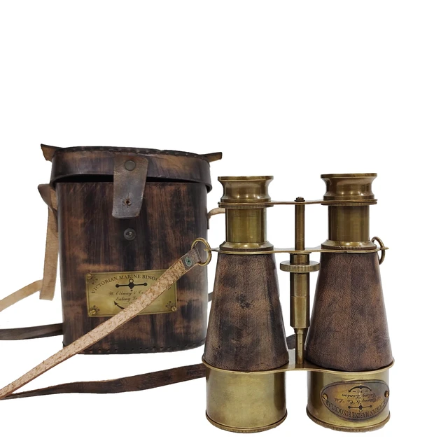 Alt view image 5 of 6 - Brass Antique Binoculars, Grey, Brown Leather Strap 15x magnification, 7 in extended tube, 4.5 in diameter, 500g, compact & portable, birdwatching, nautical collectible