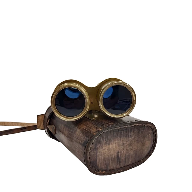 Alt view image 6 of 6 - Brass Antique Binoculars, Grey, Brown Leather Strap 15x magnification, 7 in extended tube, 4.5 in diameter, 500g, compact & portable, birdwatching, nautical collectible