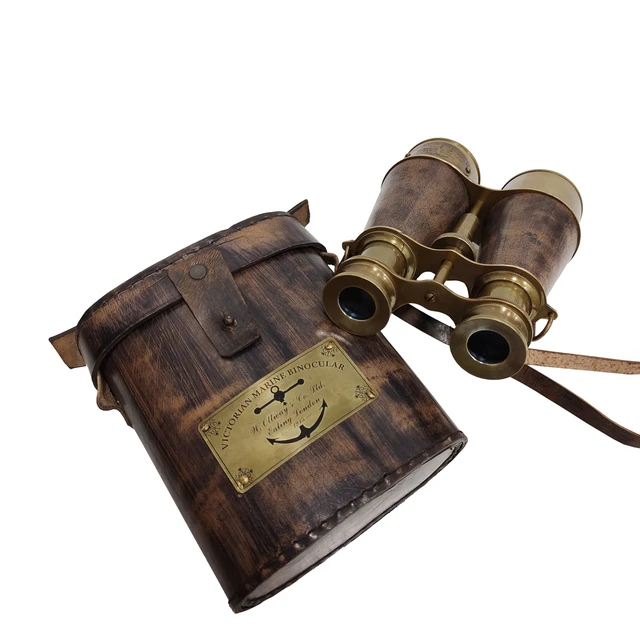 Alt view image 4 of 6 - Brass Antique Binoculars, Grey, Brown Leather Strap 15x magnification, 7 in extended tube, 4.5 in diameter, 500g, compact & portable, birdwatching, nautical collectible