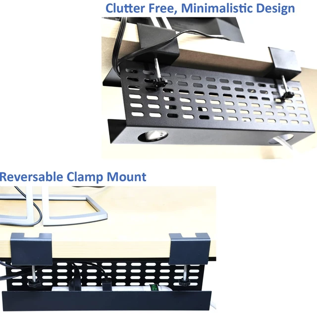 Alt view image 4 of 7 - Under Desk Cable Management Tray Black Horizontal 16-inch Under Desk Removable C Clamp Mount Computer Cord Raceway and Modesty Panel
