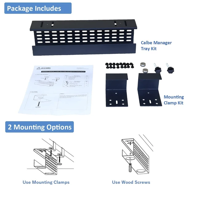 Alt view image 5 of 7 - Under Desk Cable Management Tray Black Horizontal 16-inch Under Desk Removable C Clamp Mount Computer Cord Raceway and Modesty Panel