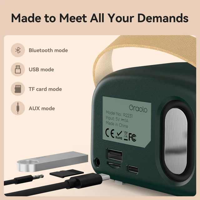 Alt view image 3 of 7 - Retro Bluetooth Speaker, Portable Bluetooth Speakers, Mini Vintage Speaker, Wireless Speakers Supports TWS Pairing/U-Disk/TF Card/AUX for Home, Travel, Outdoor (Green)