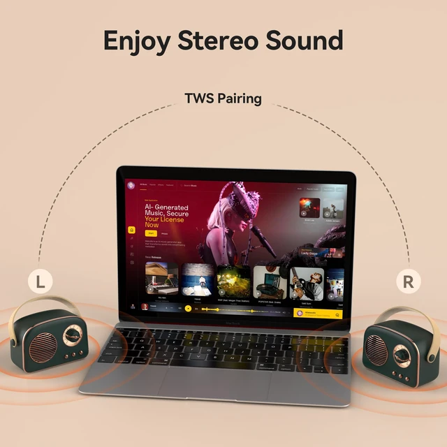 Alt view image 5 of 7 - Retro Bluetooth Speaker, Portable Bluetooth Speakers, Mini Vintage Speaker, Wireless Speakers Supports TWS Pairing/U-Disk/TF Card/AUX for Home, Travel, Outdoor (Green)