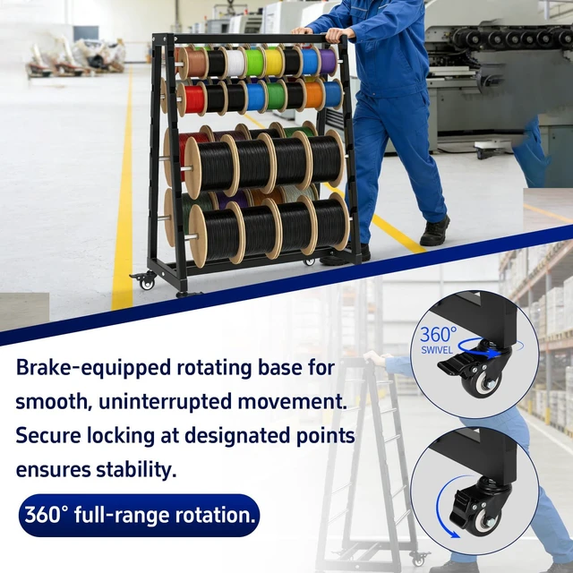 Alt view image 4 of 7 - Heavy-Duty 8-Rod Wire Spool Rack With Wheels, 400-Pound Capacity Adjustable (With Locking Casters), Wire Spool Rack Portable Cable Caddy Electrical, Workshop, And Warehouse Reel Storage