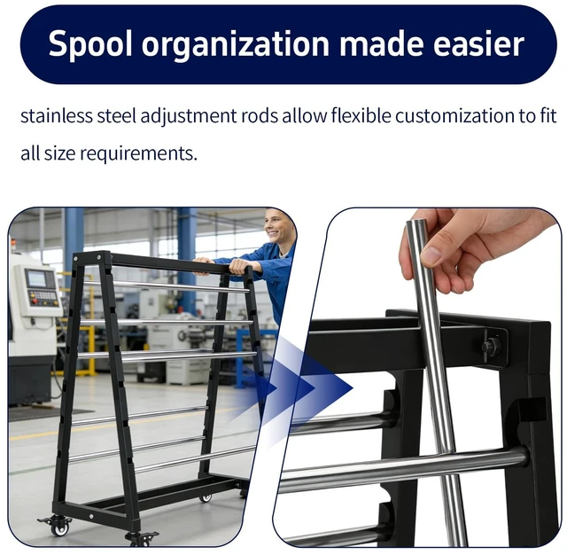 Alt view image 5 of 7 - Heavy-Duty 8-Rod Wire Spool Rack With Wheels, 400-Pound Capacity Adjustable (With Locking Casters), Wire Spool Rack Portable Cable Caddy Electrical, Workshop, And Warehouse Reel Storage