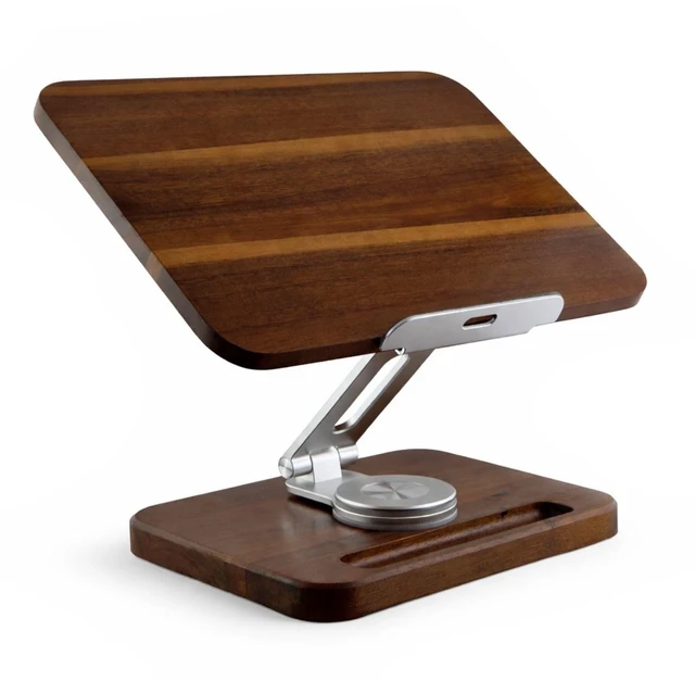 Main image of Wooden Laptop & Notebook Stand for Desk 360° Rotating Walnut Base, Adjustable Ergonomic Riser Reduce Neck Shoulder Strain, Pencil Groove & Clips for 1017.3 Laptops, Tablets, Office Space