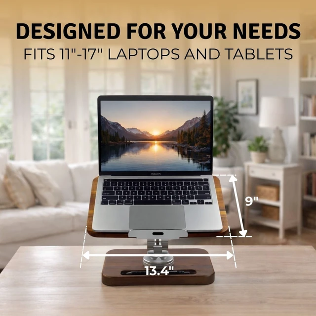 Alt view image 3 of 7 - Wooden Laptop & Notebook Stand for Desk 360° Rotating Walnut Base, Adjustable Ergonomic Riser Reduce Neck Shoulder Strain, Pencil Groove & Clips for 1017.3 Laptops, Tablets, Office Space