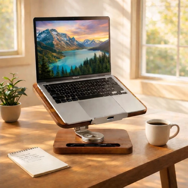 Alt view image 2 of 7 - Wooden Laptop & Notebook Stand for Desk 360° Rotating Walnut Base, Adjustable Ergonomic Riser Reduce Neck Shoulder Strain, Pencil Groove & Clips for 1017.3 Laptops, Tablets, Office Space