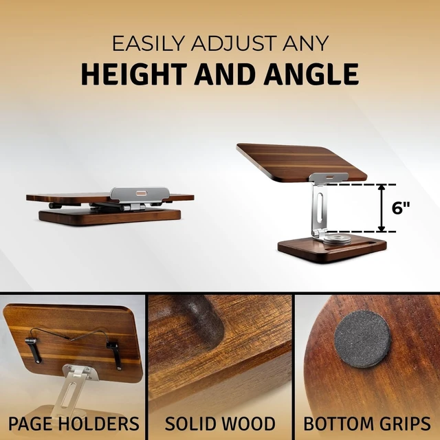 Alt view image 4 of 7 - Wooden Laptop & Notebook Stand for Desk 360° Rotating Walnut Base, Adjustable Ergonomic Riser Reduce Neck Shoulder Strain, Pencil Groove & Clips for 1017.3 Laptops, Tablets, Office Space