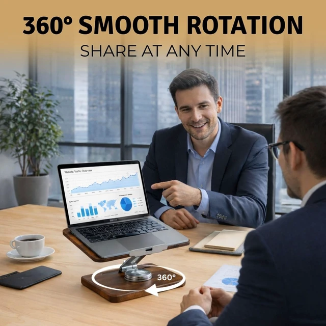 Alt view image 6 of 7 - Wooden Laptop & Notebook Stand for Desk 360° Rotating Walnut Base, Adjustable Ergonomic Riser Reduce Neck Shoulder Strain, Pencil Groove & Clips for 1017.3 Laptops, Tablets, Office Space
