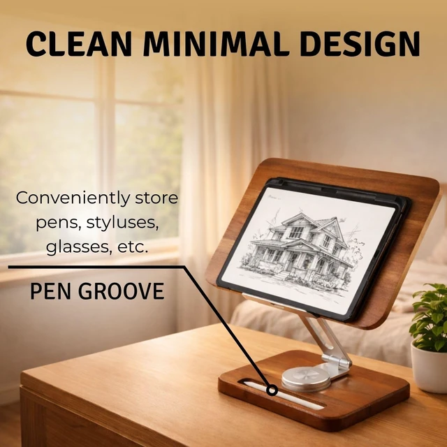 Alt view image 7 of 7 - Wooden Laptop & Notebook Stand for Desk 360° Rotating Walnut Base, Adjustable Ergonomic Riser Reduce Neck Shoulder Strain, Pencil Groove & Clips for 1017.3 Laptops, Tablets, Office Space