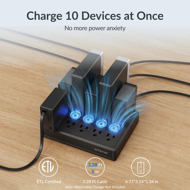 Alt view image 3 of 7 - 10-in-1 Airflow Power Strip, 3.28FT Flat Plug Extension Cord, 1875W ETL Certified Charging Station, Extension Cord with 10 AC Outlets, Desk Accessories for Office Home, Black