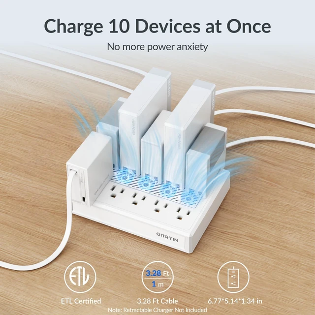 Alt view image 3 of 7 - 10-in-1 Airflow Power Strip, 3.28FT Flat Plug Extension Cord, 1875W ETL Certified Charging Station, Extension Cord with 10 AC Outlets, Desk Accessories for Office Home, White