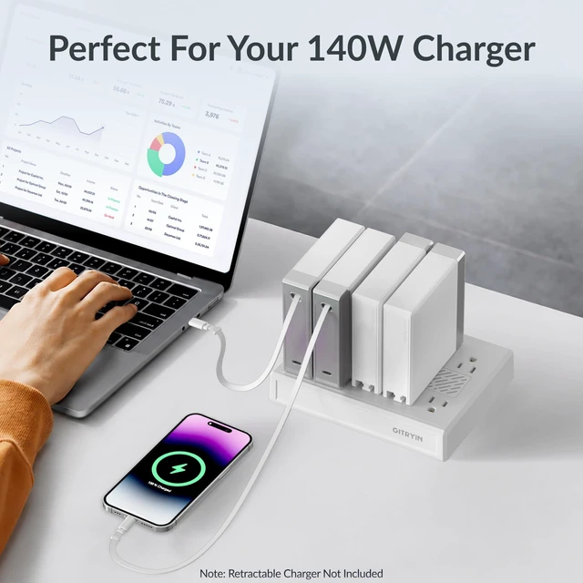 Alt view image 6 of 7 - 10-in-1 Airflow Power Strip, 3.28FT Flat Plug Extension Cord, 1875W ETL Certified Charging Station, Extension Cord with 10 AC Outlets, Desk Accessories for Office Home, White
