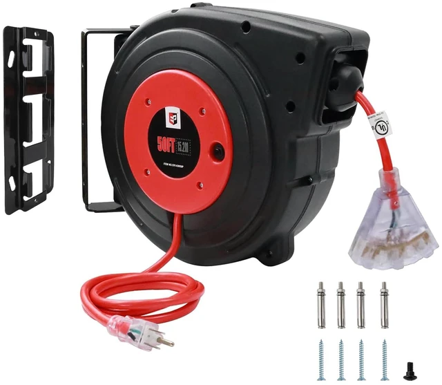 Main image of Retractable Extension Cord Reel, 50 Ft Heavy Duty Power Cord, 14 AWG/3C SJTOW, 13 AMP Circuit Breaker, Lighted Triple Tap, Ceiling or Wall Mount