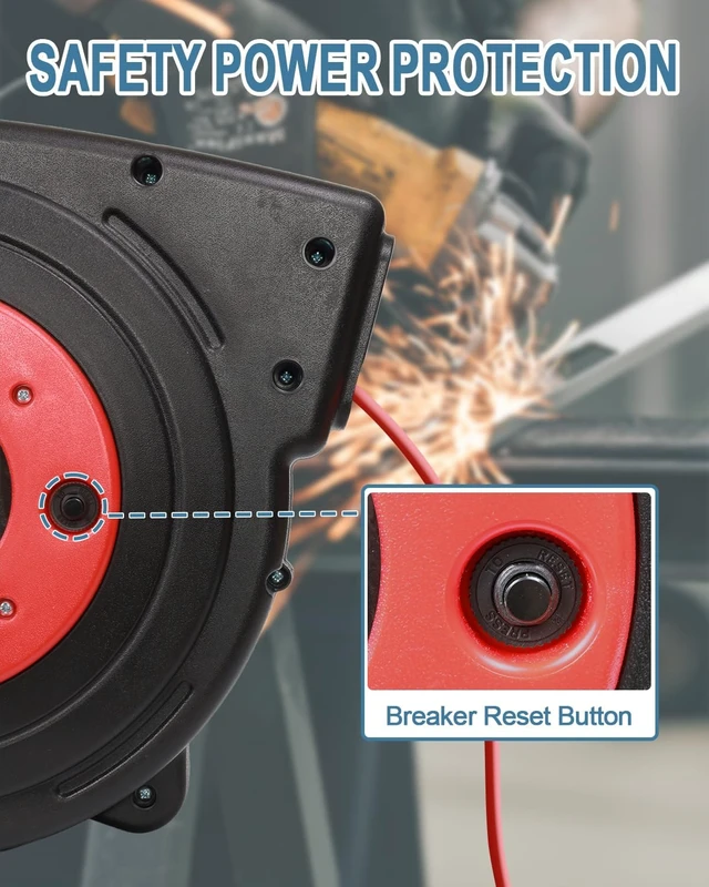 Alt view image 4 of 7 - Retractable Extension Cord Reel, 50 Ft Heavy Duty Power Cord, 14 AWG/3C SJTOW, 13 AMP Circuit Breaker, Lighted Triple Tap, Ceiling or Wall Mount