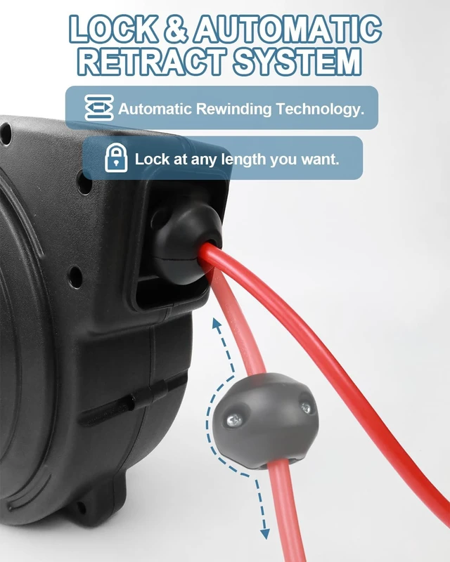 Alt view image 6 of 7 - Retractable Extension Cord Reel, 50 Ft Heavy Duty Power Cord, 14 AWG/3C SJTOW, 13 AMP Circuit Breaker, Lighted Triple Tap, Ceiling or Wall Mount