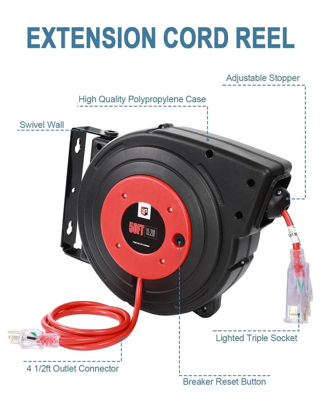 Alt view image 7 of 7 - Retractable Extension Cord Reel, 50 Ft Heavy Duty Power Cord, 14 AWG/3C SJTOW, 13 AMP Circuit Breaker, Lighted Triple Tap, Ceiling or Wall Mount