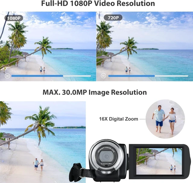 Alt view image 4 of 7 - Video Camera Camcorder, Full HD 1080P 30FPS IR Night Vision Vlogging Camera for YouTube Kids, 3.0 Inch LCD Screen 16X Zoom Digital Camera with 2 Batteries