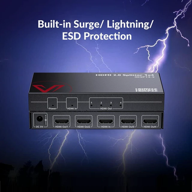 Alt view image 4 of 4 - 4K@60Hz/1080p@120Hz HDMI 2.0 Splitter 1 in 4 Out, Auto Downscaler 4KSP14-S 18Gbps Zero Latency, HDR10 3D, Gaming Splitter, Duplicate/Mirror Screens, HDCP 2.2, for Xbox PS5
