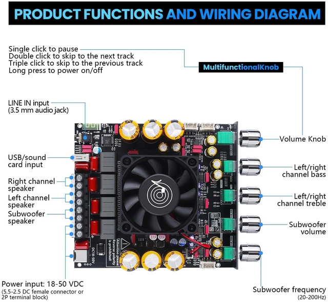 Alt view image 3 of 7 - ZK-AS21P 2.1 Bluetooth Amplifier Board, Integrated Type Dual TPA3255 design with 300W x 2 stereo output, 600W subwoofer channel, AUX and USB inputs for DIY speakers