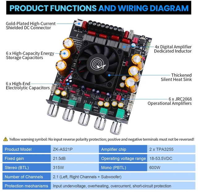 Alt view image 4 of 7 - ZK-AS21P 2.1 Bluetooth Amplifier Board, Integrated Type Dual TPA3255 design with 300W x 2 stereo output, 600W subwoofer channel, AUX and USB inputs for DIY speakers