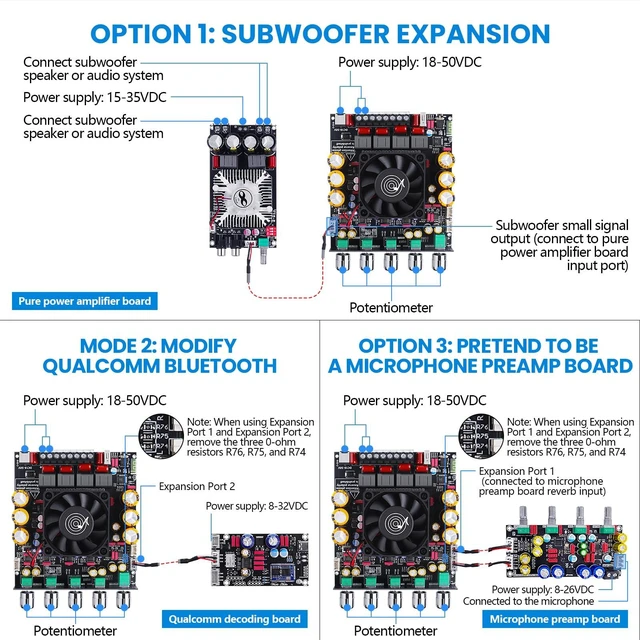Alt view image 5 of 7 - ZK-AS21P 2.1 Bluetooth Amplifier Board, Integrated Type Dual TPA3255 design with 300W x 2 stereo output, 600W subwoofer channel, AUX and USB inputs for DIY speakers