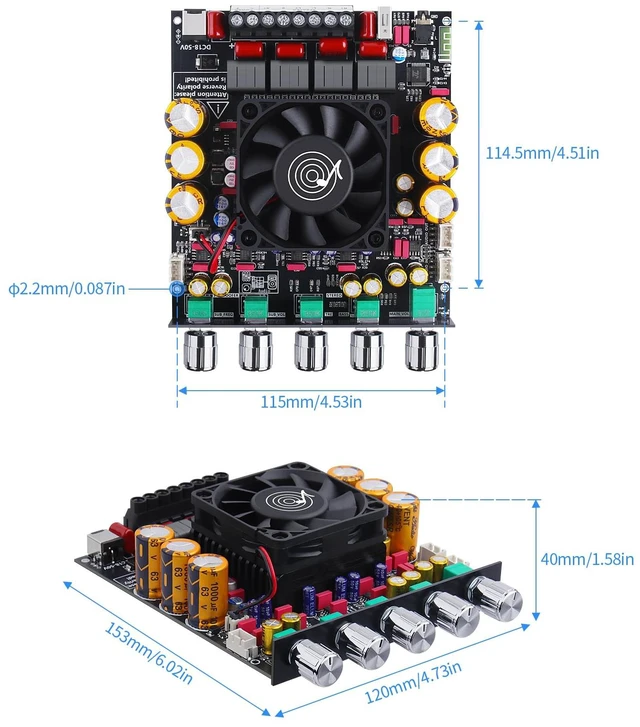 Alt view image 6 of 7 - ZK-AS21P 2.1 Bluetooth Amplifier Board, Integrated Type Dual TPA3255 design with 300W x 2 stereo output, 600W subwoofer channel, AUX and USB inputs for DIY speakers