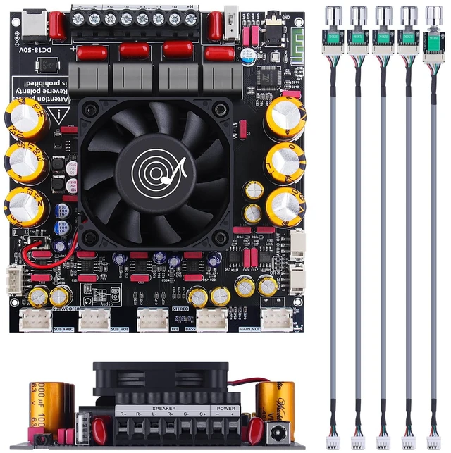 Main image of ZK-AS21P 2.1 Bluetooth Amplifier Board, Lead Type Dual TPA3255 design with 300W x 2 stereo output, 600W subwoofer channel, AUX, USB and wired knob controls