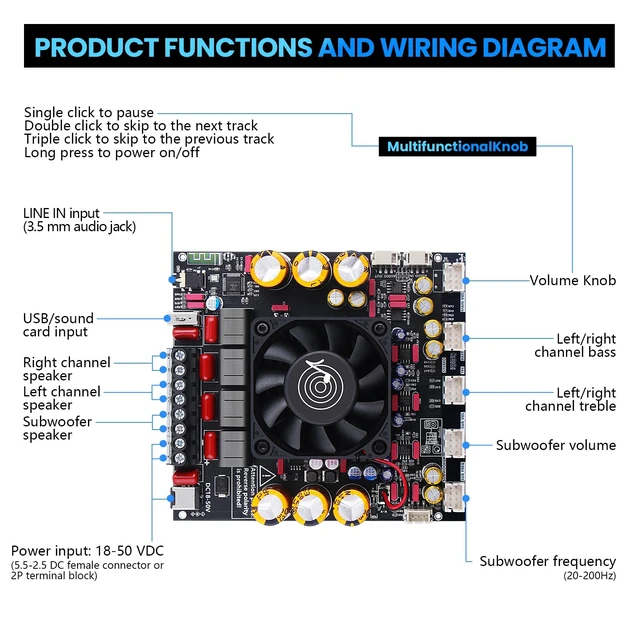 Alt view image 3 of 7 - ZK-AS21P 2.1 Bluetooth Amplifier Board, Lead Type Dual TPA3255 design with 300W x 2 stereo output, 600W subwoofer channel, AUX, USB and wired knob controls