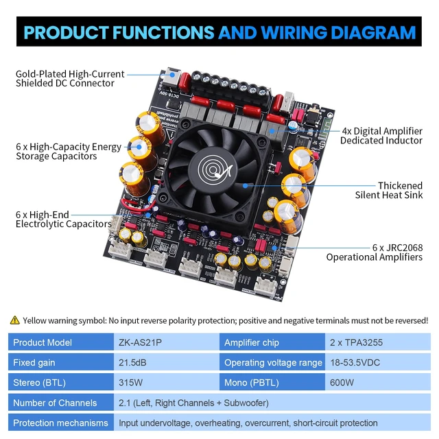 Alt view image 4 of 7 - ZK-AS21P 2.1 Bluetooth Amplifier Board, Lead Type Dual TPA3255 design with 300W x 2 stereo output, 600W subwoofer channel, AUX, USB and wired knob controls