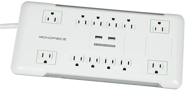 Main image of Power & Surge - 12 Outlet Surge Protector Power Strip with 2 Built In 2.1A USB Charger Ports - 6 Feet - White Cord UL Rated, 4, 230 Joules with Grounded and Protected Light Indicator