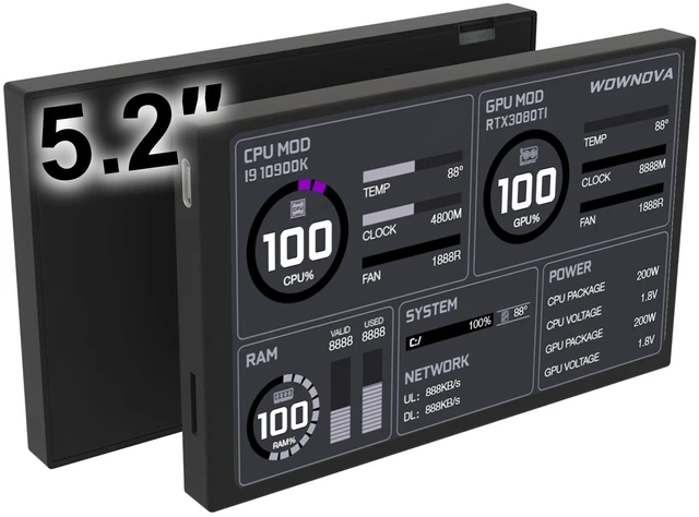 Main image of 5.2" Customizabe LCD Screen Inside PC Case Screen for Computer Setup - Customizable PC Temperature Display Panel, GPU CPU FPS RAM HDD Computer Temp Monitor (Black)