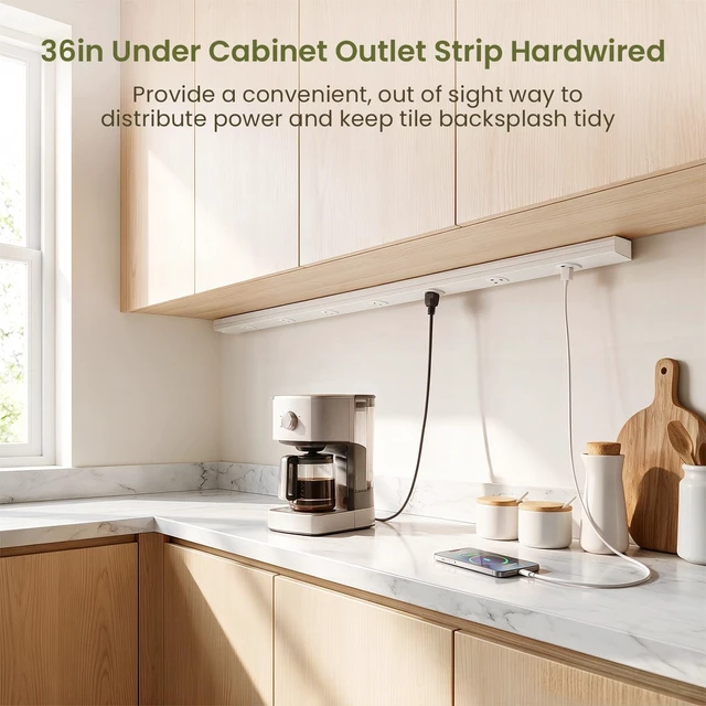 Alt view image 2 of 7 - 36" Under Cabinet Outlet Strip, 2 x USB Ports, 6 x TR Outlets, ETL Listed Hardwired, Pre-Wired for Easy Installtion, Sturdy Steel Structure, USB Under Cabinet Outlets to Keep Tile Backsplash Tidy