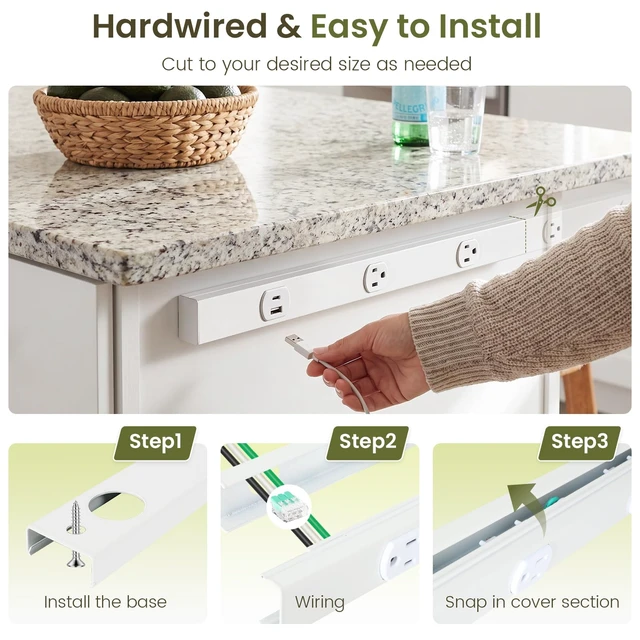 Alt view image 6 of 7 - 36" Under Cabinet Outlet Strip, 2 x USB Ports, 6 x TR Outlets, ETL Listed Hardwired, Pre-Wired for Easy Installtion, Sturdy Steel Structure, USB Under Cabinet Outlets to Keep Tile Backsplash Tidy