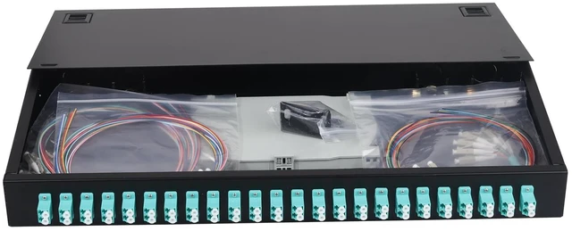 Main image of 48 Fibers Port LC OM3 Multimode Rack Mount Enclosure Box with 24 Duplex Multimode couplers & pigtails, 24 Core LGX Patch Panel Box fits for 19" Racks Cabinet, Fiber termination kit