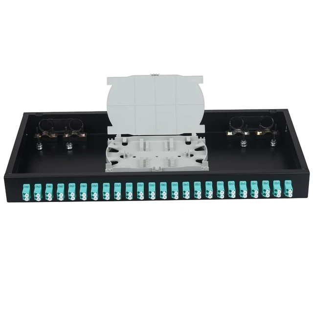 Alt view image 3 of 5 - 48 Fibers Port LC OM3 Multimode Rack Mount Enclosure Box with 24 Duplex Multimode couplers & pigtails, 24 Core LGX Patch Panel Box fits for 19" Racks Cabinet, Fiber termination kit