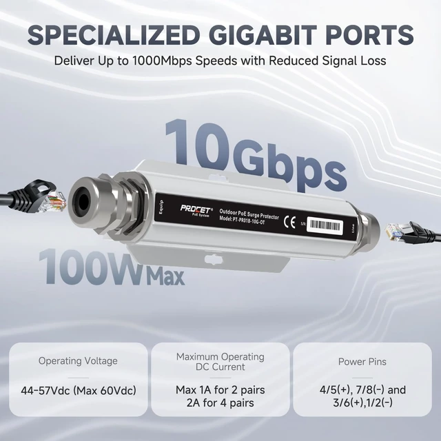 Alt view image 4 of 7 - 20KV Ethernet Surge Protector 10 Gbps Outdoor Industrial Lightning Arrestor for -40°F to 149°F, IP67 rated, 100Wmax PoE++ RJ45, Gas Discharge TubeGDT, PT-PR01B-10G-OT