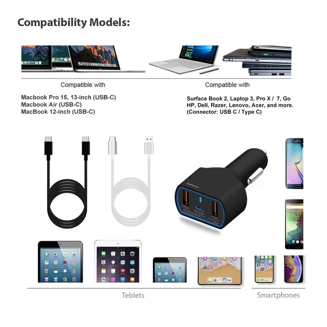 Alt view image 2 of 7 - High Power Delivery 120W USB-C Laptop Car Charger Compatible with Surface Book Laptop 4 3 Pro 10 9 8 X 7 HP Razer Dell USB-C Laptop Vehicle Charger DC 12v-24v Auto Charger